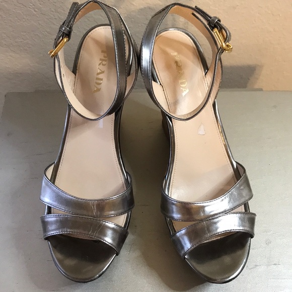 Lightly used Silver Prada with Bamboo Wedge heel - Picture 3 of 5